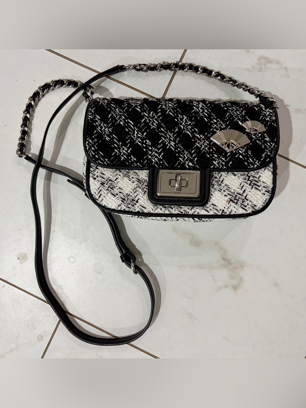 Karl Lagerfeld Agyness Black & White Tweed Chain-Trim Crossbody Bag